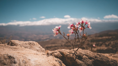A delicate pink blossom stands out against the rugged rocks in a stunning mountain landscape. This image captures nature's beauty in a serene environment.の素材