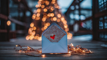 A charming envelope with a red heart rests on a wooden surface, surrounded by glowing lights, capturing the essence of romance and celebration.の素材