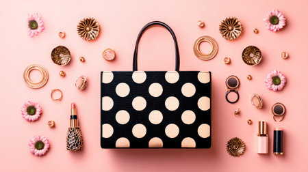 A fashionable black handbag adorned with polka dots, artistically arranged with beauty products and elegant accessories, set against a soft pink background.の素材