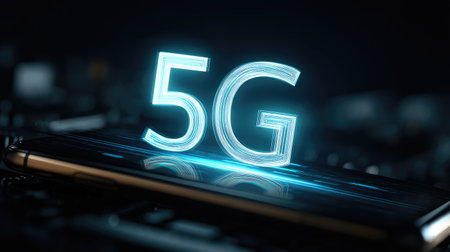 Vivid representation of 5G technology, showcasing a glowing '5G' above a sleek smartphone, set against a dynamic circuitry background, symbolizing advancement in digital communication.の素材