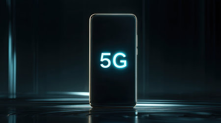 A sleek smartphone with a glowing 5G symbol, showcasing modern mobile technology in a dark and stylish environment. Perfect for illustrating connectivity and digital innovation.の素材