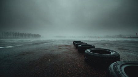 A serene and moody foggy landscape featuring tire barriers along a wet track, creating an atmospheric and minimalist scene ideal for various themes.の素材