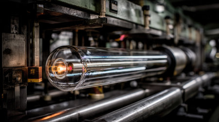 Industrial scene depicting a clear glass tube being shaped in a factory. The image showcases advanced technology and precision in glass manufacturing, highlighting the intricate details of the process.の素材