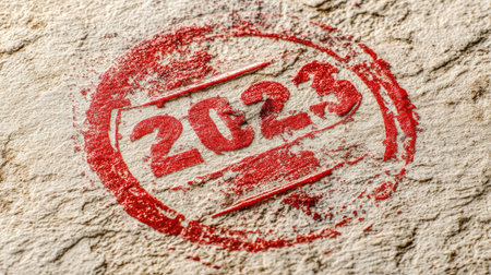 A vibrant red stamp displaying the year 2023 on a textured surface, ideal for conveying a message about time, documentation, or creativity in various projects.の素材