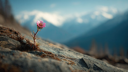 A delicate flower emerges from rocky ground, showcasing resilience against a stunning mountainous backdrop. Nature's beauty is a reminder of life's persistence.の素材