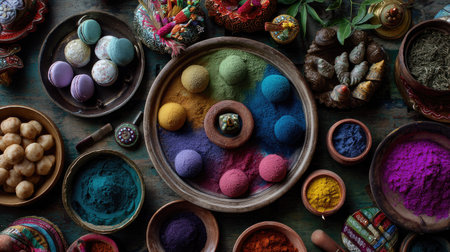 A vibrant collection of artisanal powders and traditional sweets arranged beautifully on a rustic table, perfect for showcasing culture and creativity in festivals.の素材