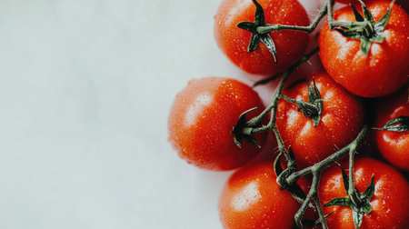 A vibrant arrangement of fresh red tomatoes on a white background. Ideal for showcasing healthy ingredients or enhancing culinary recipes. Perfect for food photography.の素材