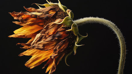 A striking image of a dried sunflower head showcasing vibrant petals against a dark background, capturing the beauty of decay and nature's cycle.の素材