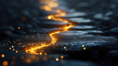 A captivating image of a glowing path of light shimmering on dark stones, creating an enchanting and mystical atmosphere perfect for various creative projects.の素材