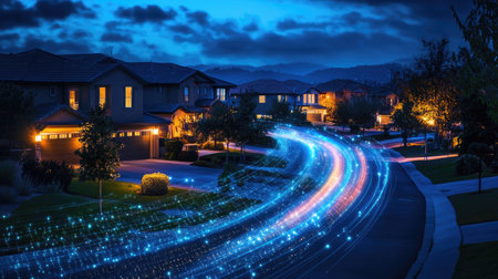 A beautiful nighttime scene of a quiet neighborhood showcasing illuminated houses and glowing light trails that create a dynamic visual effect.の素材