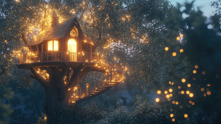 A charming treehouse radiates warmth with glowing lights nestled in a magical forest. Perfect for evoking feelings of nostalgia and whimsical adventures.の素材