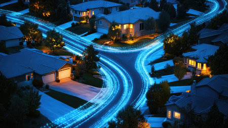 This captivating nighttime image showcases a residential neighborhood illuminated by light trails from moving vehicles, creating a vibrant and dynamic scene.の素材