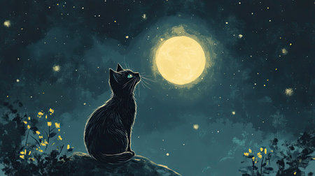 A serene black cat sits quietly, admiring the luminous full moon amidst a starry night sky. This enchanting illustration captures a moment of tranquility and magic in nature.の素材