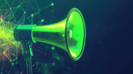 A vibrant green megaphone stands out against a modern digital backdrop, symbolizing communication and amplification in an engaging and creative way.の素材