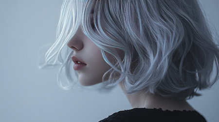 Close-up portrait of a young woman with soft silver hair, captured in soft light. The image showcases a serene expression, blending beauty and minimalism perfectly.の素材