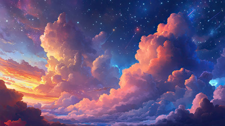 Captivating cosmic sky features colorful clouds at sunset, illuminated by twinkling stars. A breathtaking landscape that evokes feelings of wonder and serenity.の素材