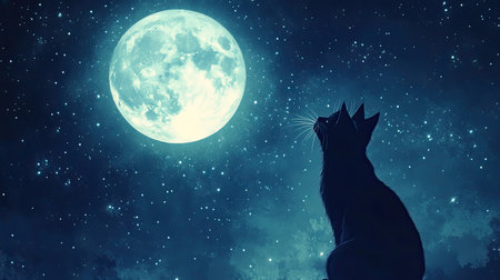 A mesmerizing scene of a black cat gazing at a full moon in a starry night sky, capturing the essence of tranquility and mystical beauty in nature.の素材