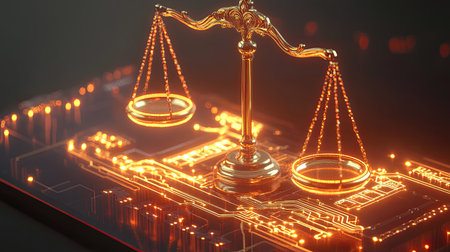 This image features a striking representation of justice using glowing scales atop a digital circuit board, symbolizing the intersection of law and technology in modern society.の素材
