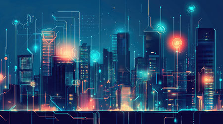 A captivating futuristic cityscape featuring vibrant neon lights and digital elements. This image showcases an urban skyline illuminated at night, symbolizing innovation and technology.の素材