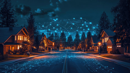 A captivating view of a suburban neighborhood at night, showcasing glowing digital connectivity. The serene street is lined with illuminated homes and trees under a mesmerizing network overlay, symbolizing the intersection of technology and community.の素材