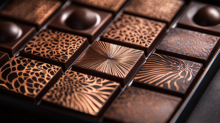 A beautifully arranged artisan chocolate collection showcasing intricate designs and textures, perfect for dessert lovers and gourmet enthusiasts.の素材