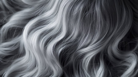 A captivating close-up of soft, flowing silvery hair presenting intricate waves and textures. The play of light enhances its beauty and elegance.の素材
