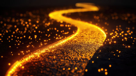 This image features a glowing golden pathway winding through darkness, adorned with sparkling particles, creating an enchanting atmosphere filled with warmth.の素材