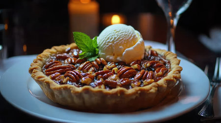 A beautifully presented slice of pecan pie topped with creamy vanilla ice cream and a sprig of fresh mint. Perfect for dessert lovers seeking a sweet treat.の素材