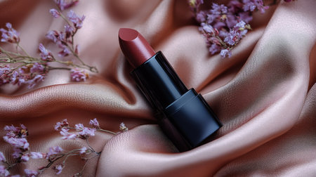 A stunning close-up of a lipstick placed on soft satin fabric, surrounded by delicate dried flowers, showcasing elegance, beauty, and style in a captivating composition.の素材