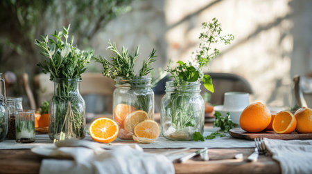 A charming arrangement of fresh herbs and oranges on a rustic wooden table bathed in sunlight, evoking a sense of tranquility and healthy living.の素材