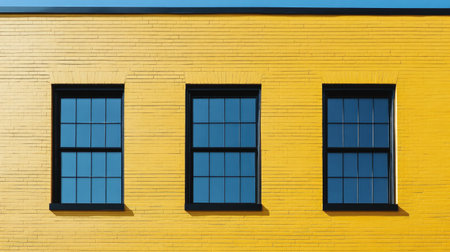 A striking bright yellow wall features three stylish black-framed windows, creating a modern architectural element full of geometric beauty and vibrant color contrast.の素材