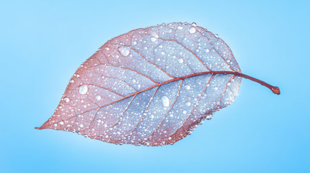 A delicate leaf adorned with fresh water droplets, suspended against a light blue background. This close-up emphasizes nature's beauty and tranquility.の素材