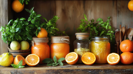 A rustic wooden shelf displays vibrant citrus fruits and jars of refreshing orange juice. Ideal for showcasing healthy beverage themes and summer flavors.の素材