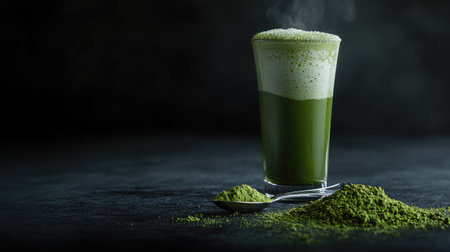 Discover the vibrant beauty of fresh matcha tea served in a glass, showcasing its rich green color and frothy top. Perfect for wellness and nutrition enthusiasts.の素材