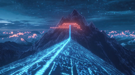 A stunning digital artwork showcasing a mountain landscape illuminated by vibrant neon lights against a starry night sky, symbolizing technology and nature.の素材