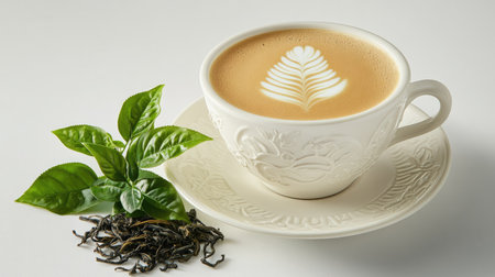 A beautifully crafted coffee with latte art and vibrant tea leaves, perfect for showcasing cozy beverage moments and elegant dining experiences.の素材