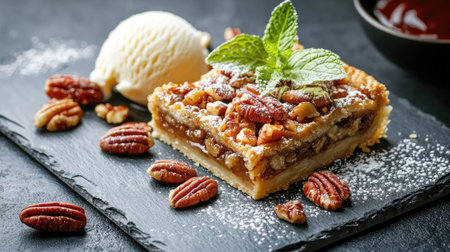 A delectable slice of pecan pie sits elegantly on a slate plate, topped with creamy ice cream and fresh mint, perfect for any dessert loverの素材