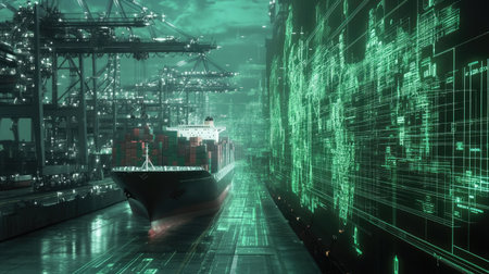 A modern container ship navigates through a vibrant, tech-oriented shipping port, symbolizing the future of logistics and global trade with digital overlays and green aesthetics.の素材