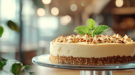 A beautifully presented creamy cheesecake garnished with nuts and fresh mint, served on a glass stand, perfect for dessert lovers and food photography.の素材