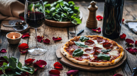Experience a romantic dinner with a delicious pizza topped with pepperoni and basil, paired with a glass of red wine amidst beautiful rose petals.の素材