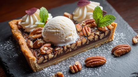 A mouthwatering pecan pie adorned with creamy ice cream and delicate whipped cream. Perfectly garnished with mint, this dessert captivates the senses.の素材