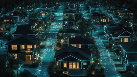 A stunning aerial view of a futuristic suburban neighborhood illuminated at night. The image features houses connected by a digital network, creating a serene and innovative ambiance.の素材