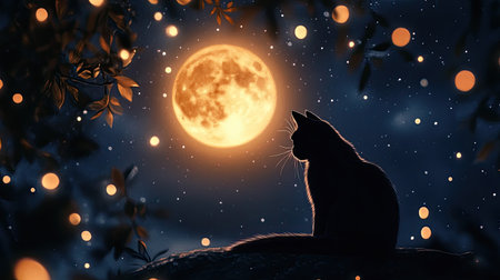 A mesmerizing silhouette of a black cat sitting peacefully against a bright full moon and twinkling stars. This enchanting night scene evokes tranquility and wonder.の素材