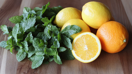 A vibrant arrangement of fresh citrus fruits including lemons and oranges, complemented by aromatic mint leaves on a wooden cutting board, ideal for cooking and beverage preparation.の素材