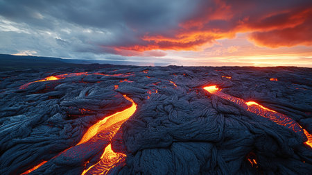 Breathtaking scene of flowing lava illuminated by a stunning sunset sky. The vibrant colors highlight the raw beauty of the volcanic landscape and its natural power.の素材