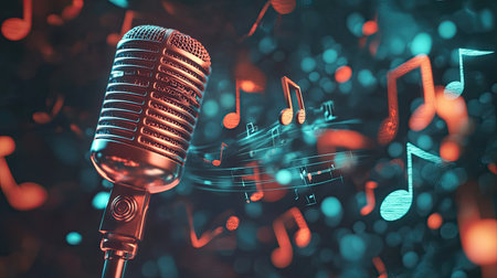 A captivating vintage microphone surrounded by vibrant music notes creates an energetic atmosphere. Perfect for themes related to performance, creativity, and sound.の素材