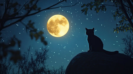 A captivating silhouette of a cat perched on a rock, gazing at a glowing full moon amidst a starry night sky. Perfect for evoking serenity and tranquility.の素材