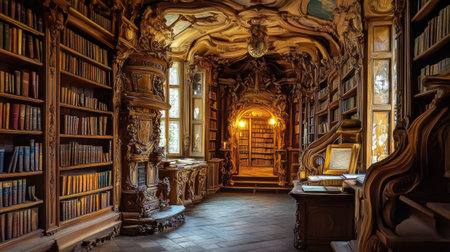 Discover an ornate library filled with wooden shelves and intricate details, showcasing a cozy atmosphere perfect for reading and exploration of knowledge.の素材