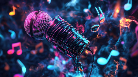 A vibrant retro microphone stands out amidst a swirl of colorful music notes, evoking the essence of artistic expression and musical performance in a striking visual.の素材
