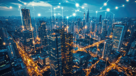 A stunning aerial view of a vibrant city skyline at night, featuring modern skyscrapers illuminated by city lights and digital connectivity elements, symbolizing innovation and advanced technology.の素材